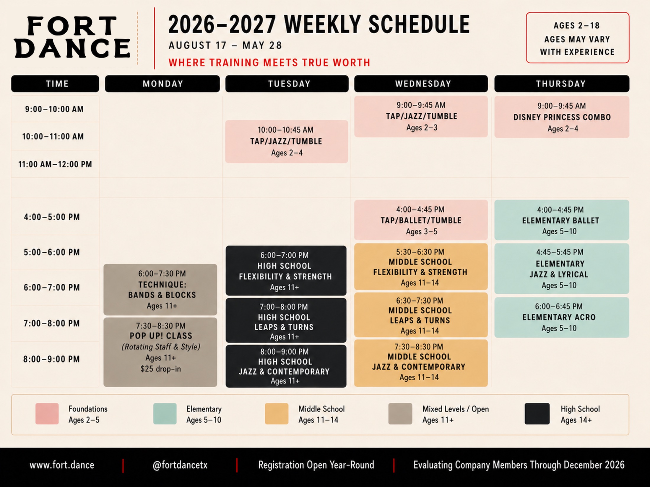 Fort Dance 2026 to 2027 weekly class schedule, Monday through Thursday, listing class names, ages, and times by day