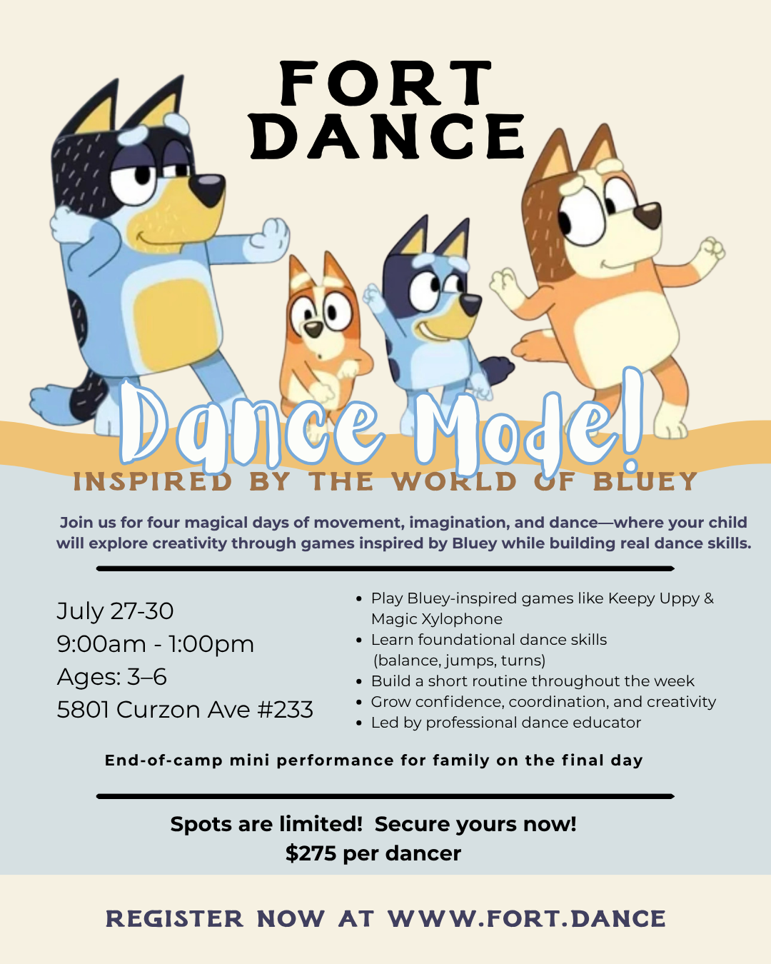 Dance Mode! summer camp flyer featuring Bluey-inspired illustrations and the Fort Dance title