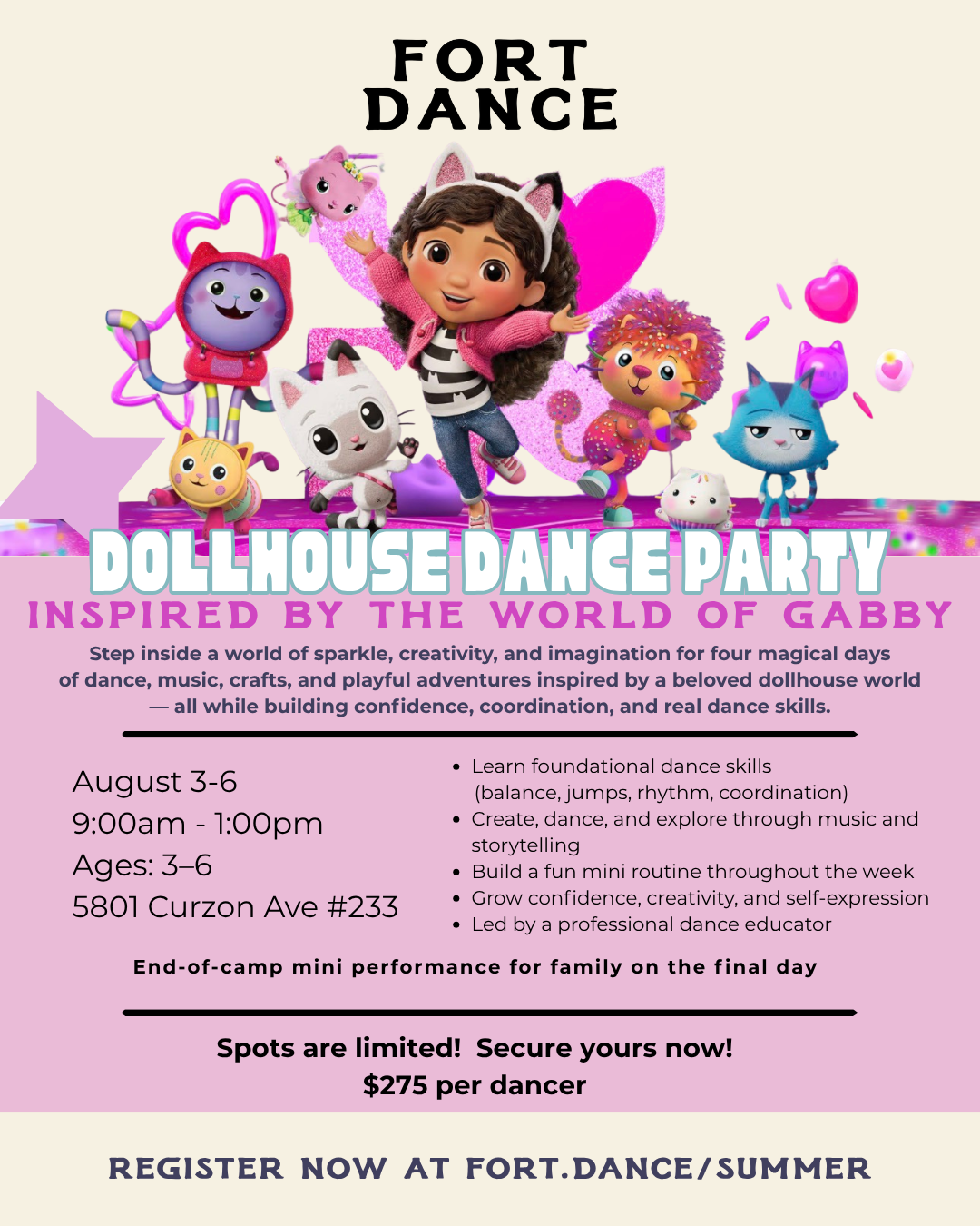 Dollhouse Dance Party summer camp flyer featuring Gabby-inspired illustrations and the Fort Dance title