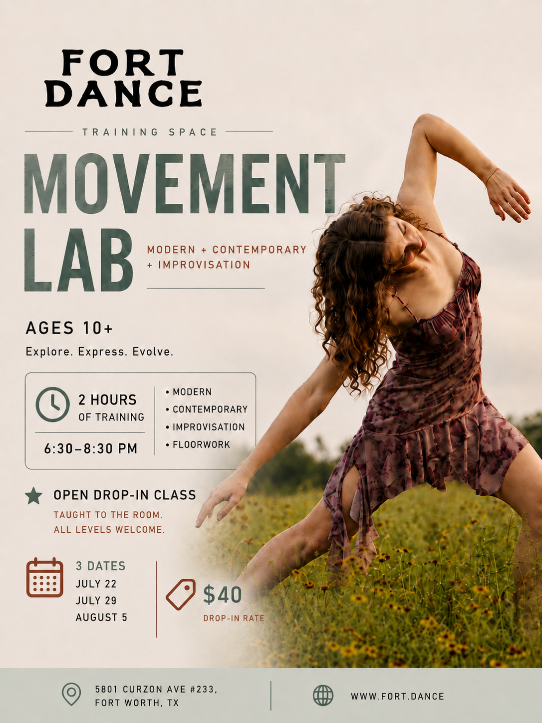 Movement Lab modern, contemporary, and improvisation drop-in class flyer, Fort Dance