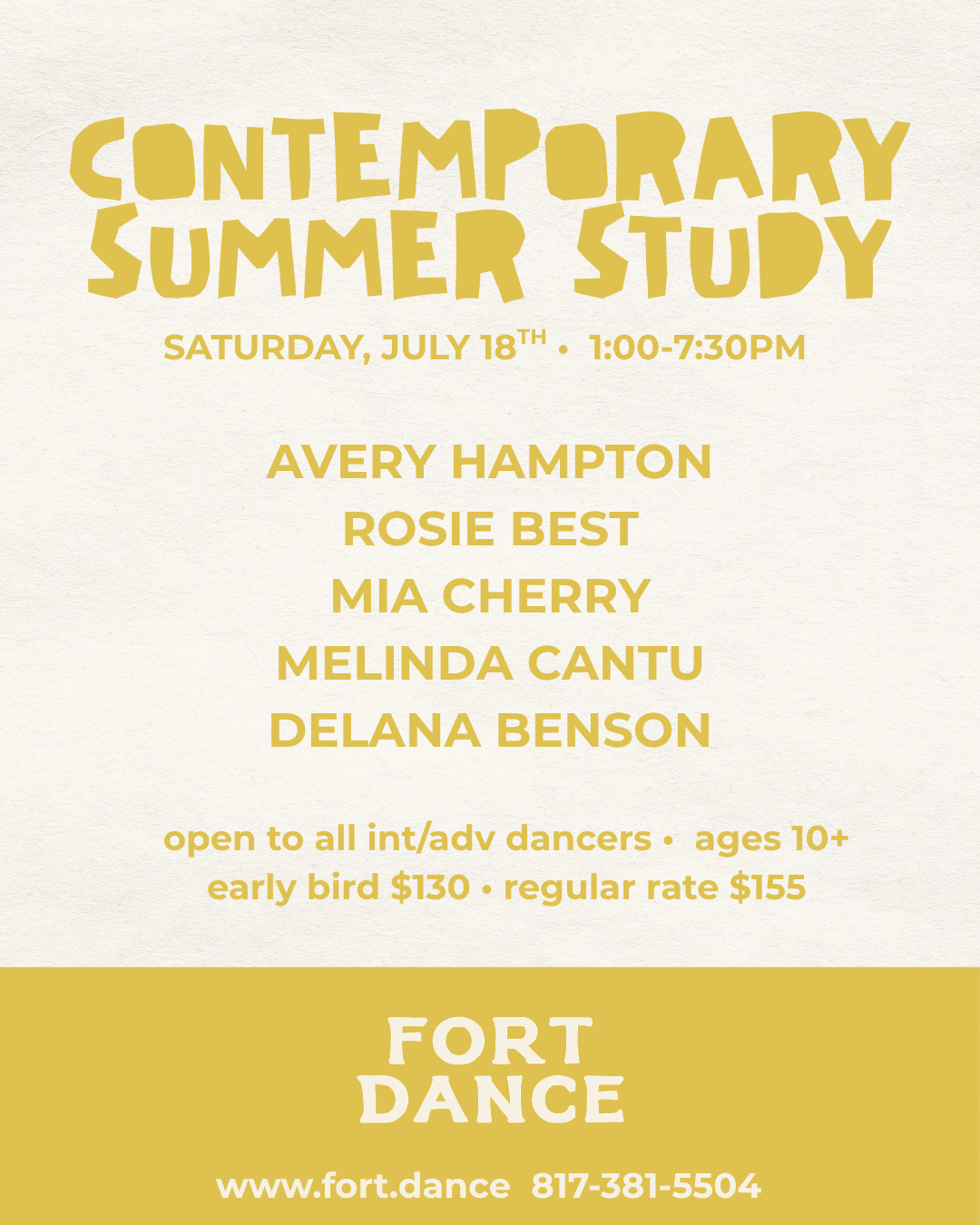 Contemporary Summer Study flyer featuring five guest artists at Fort Dance