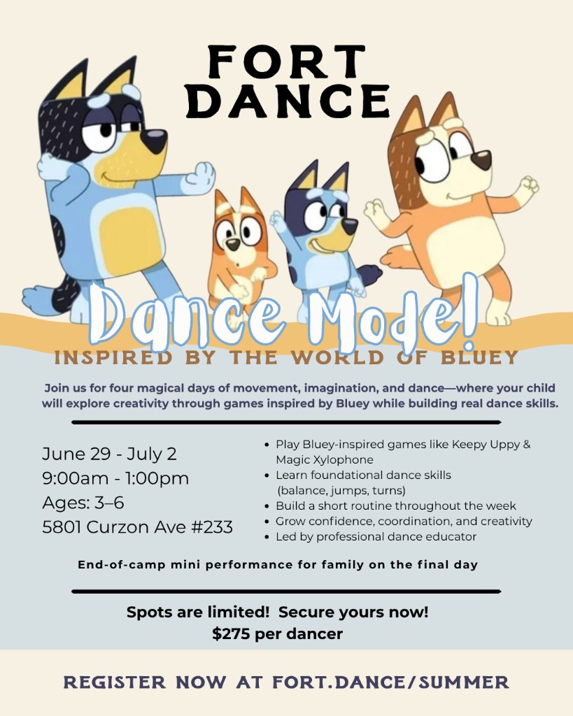 Dance Mode! summer camp flyer featuring Bluey-inspired illustrations and the Fort Dance title