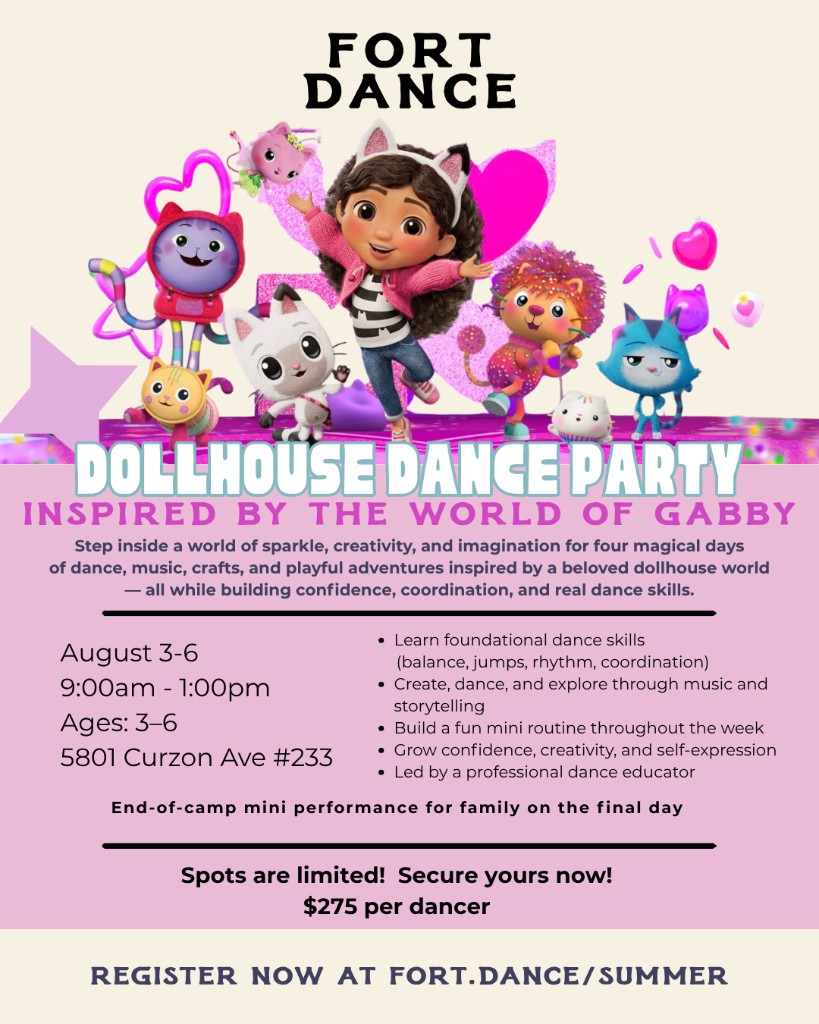 Dollhouse Dance Party summer camp flyer featuring Gabby-inspired illustrations and the Fort Dance title