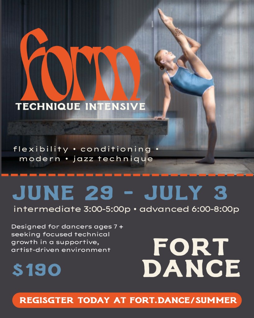 form Technique Intensive flyer with a dancer in a blue leotard balanced in an extended side stretch over a concrete bench